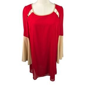 Umgee USA Red‎ Beige Bell Sleeve Tunic Dress M Colorblock C7110 New Chic Artsy